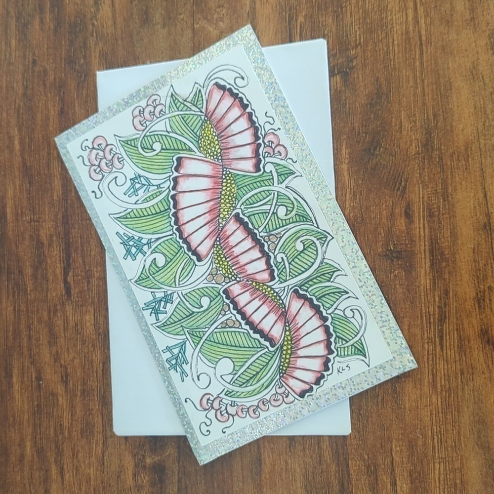 🌻 5/$20 Handmade Floral Zentangle Card-Green, Red & Yellow-Leaves & Mushrooms